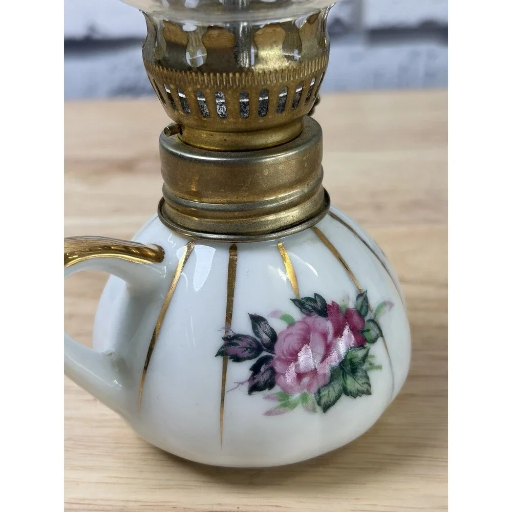 Napco China Rosebud Oil Lamp Finger Lamp Gold 8” Mini Hurricane Lamp Unused Vtg